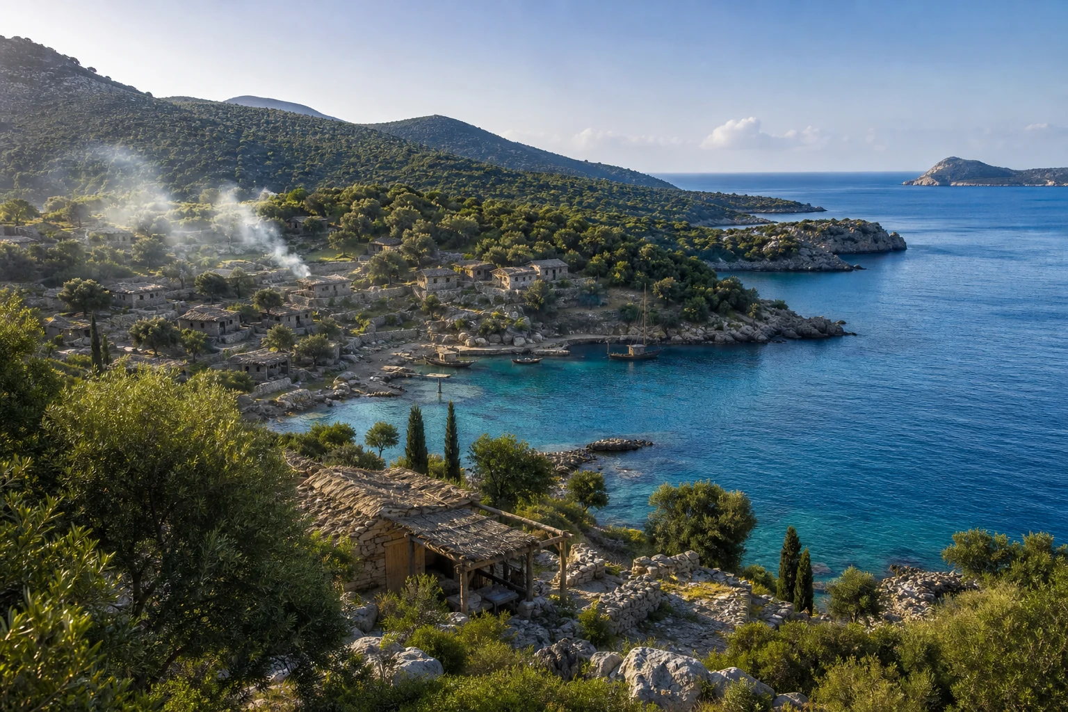 An ancient harbor among the green shores of Ithaca